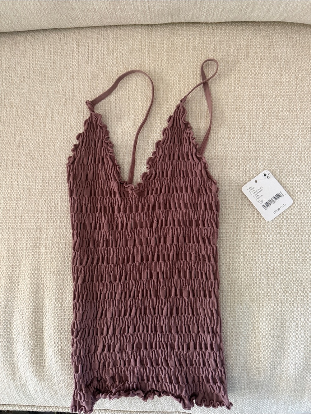 Free People Mauve Smocked V-Neck Spaghetti Strap Camisole